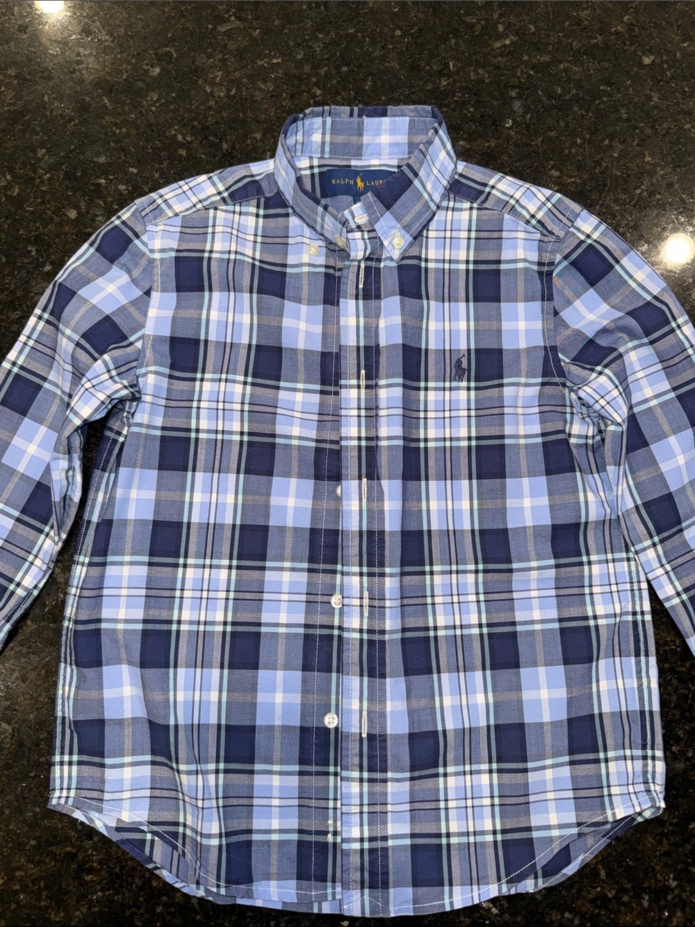 Ralph Lauren Navy and Light Blue Plaid Button-Down Shirt - Boys